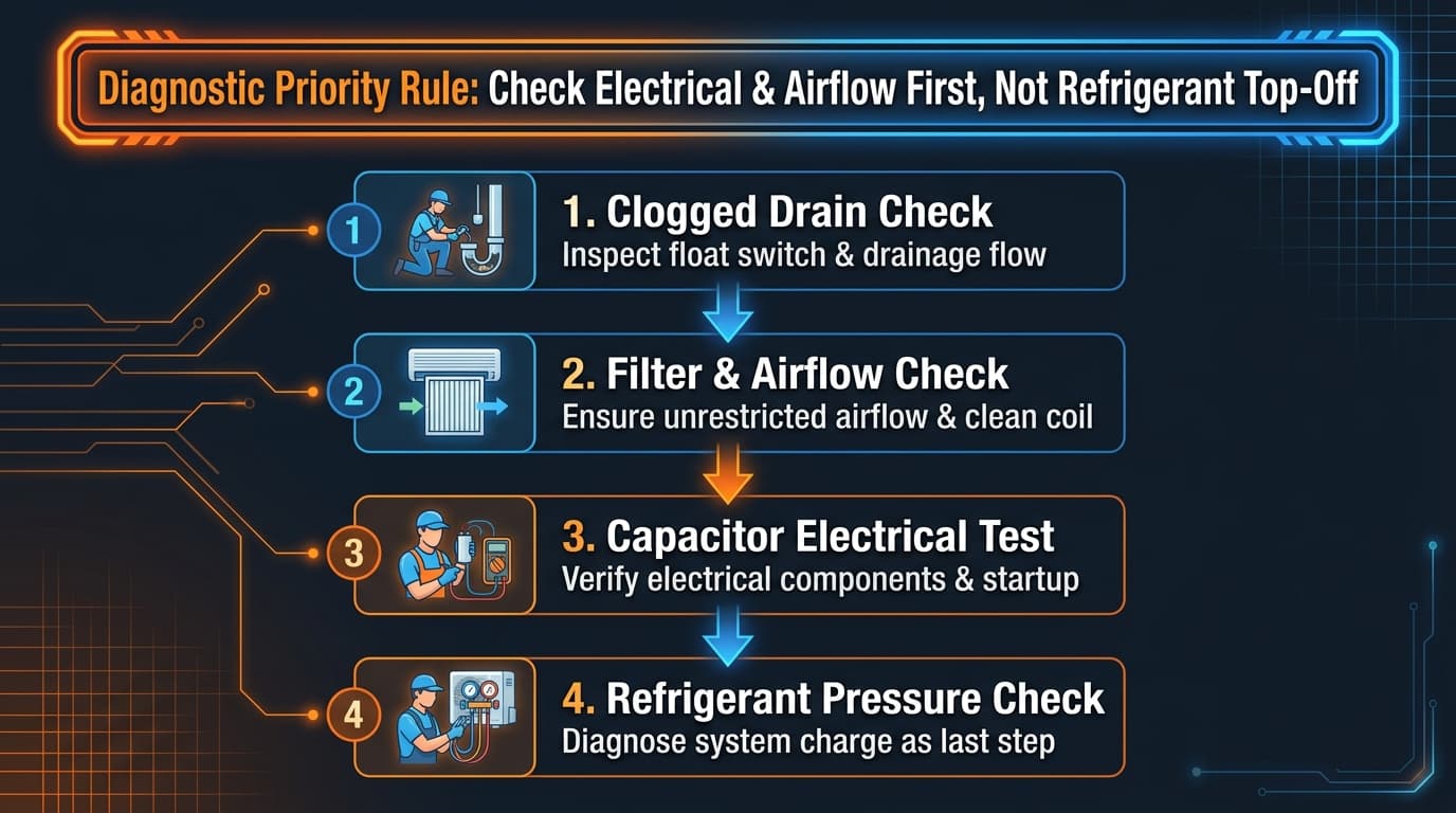 Diagnostic order for a no-cooling call: clogged drain, filter and airflow, capacitor, then refrigerant