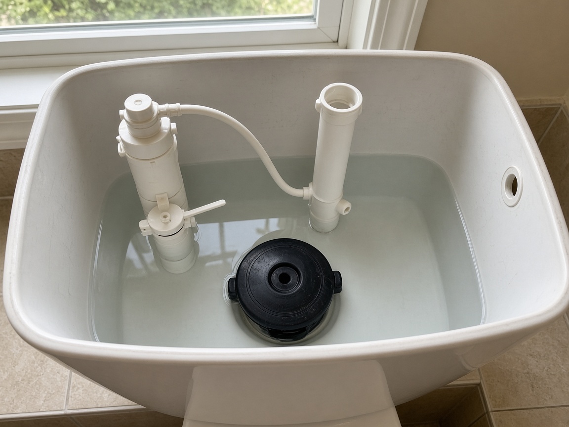 Open toilet tank in a Lakeland bathroom, with the flapper and fill valve visible
